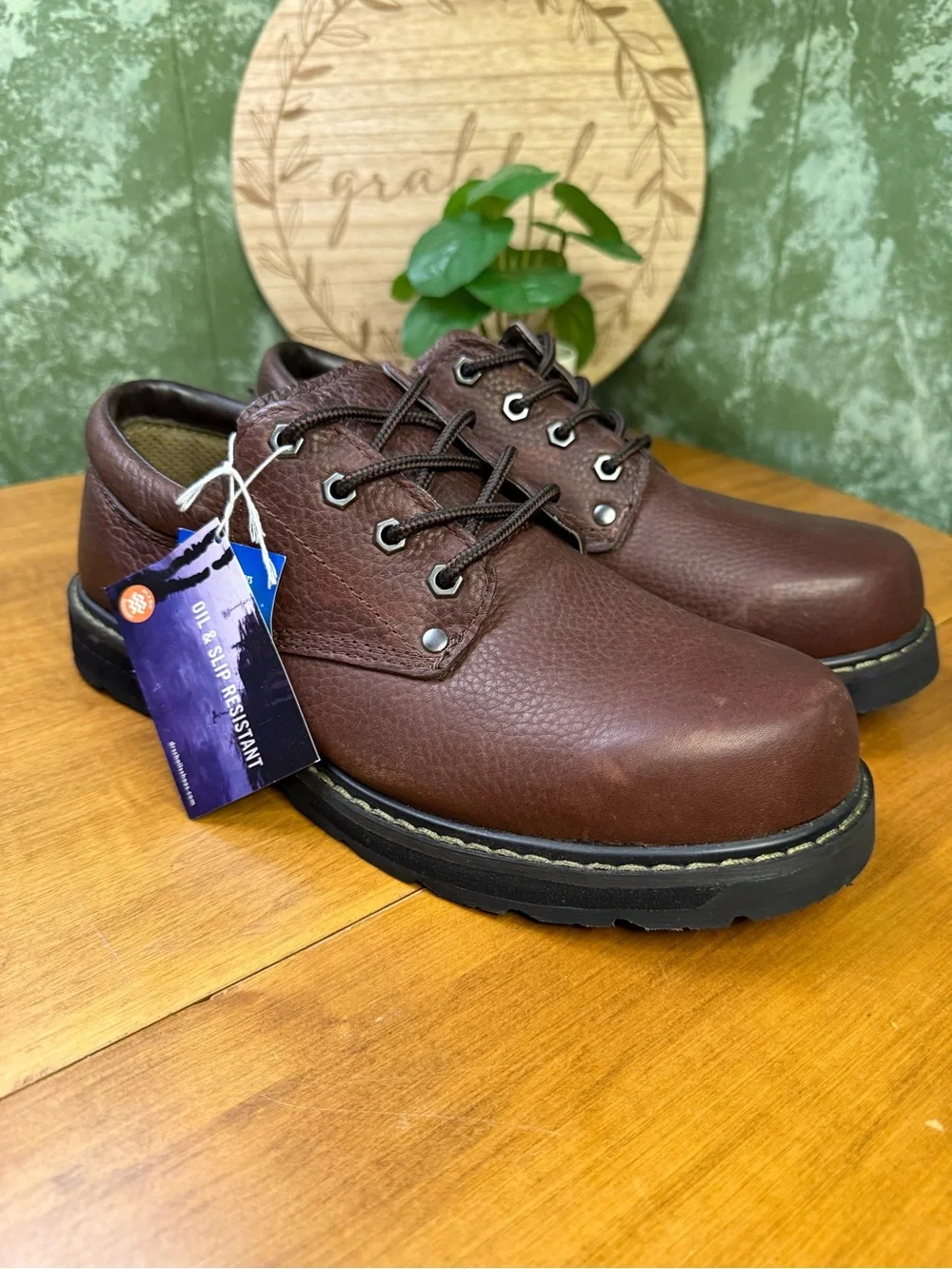 Dr. Scholl's Harrington Mens Slip Resistant Brown Leather Oxford Work Shoes